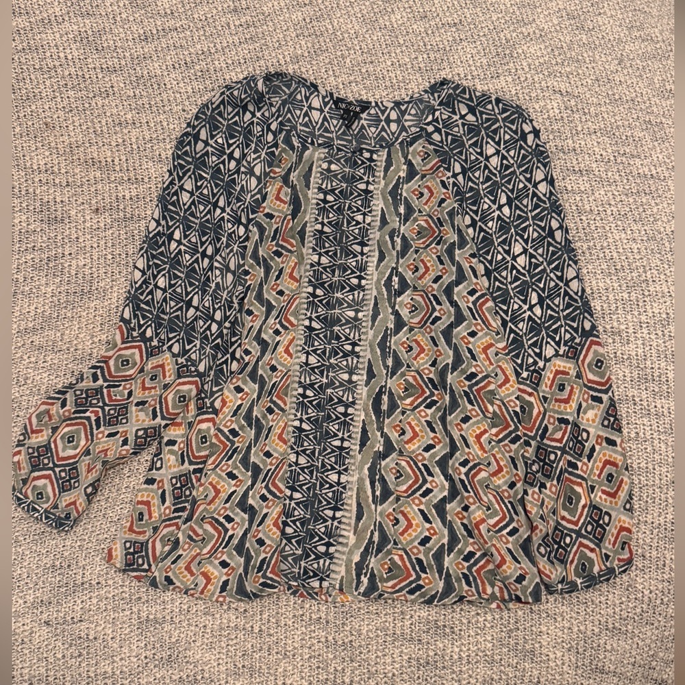 NIC+ZOE Navy & White Boho lightweight Geometric Blouse Sz Sm